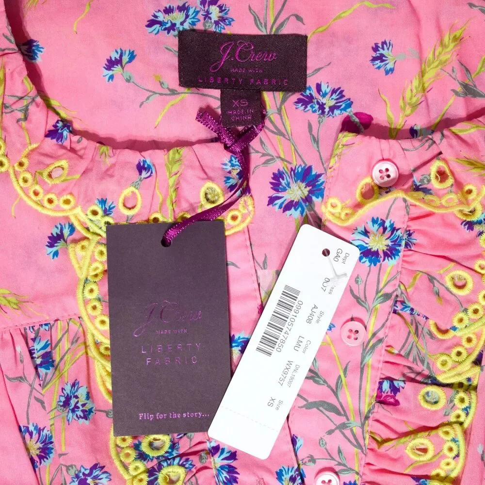 NWT J. Crew Pink Ruffle Blouse Wheat Bouquet Floral Cottage Print Women XS (B4)